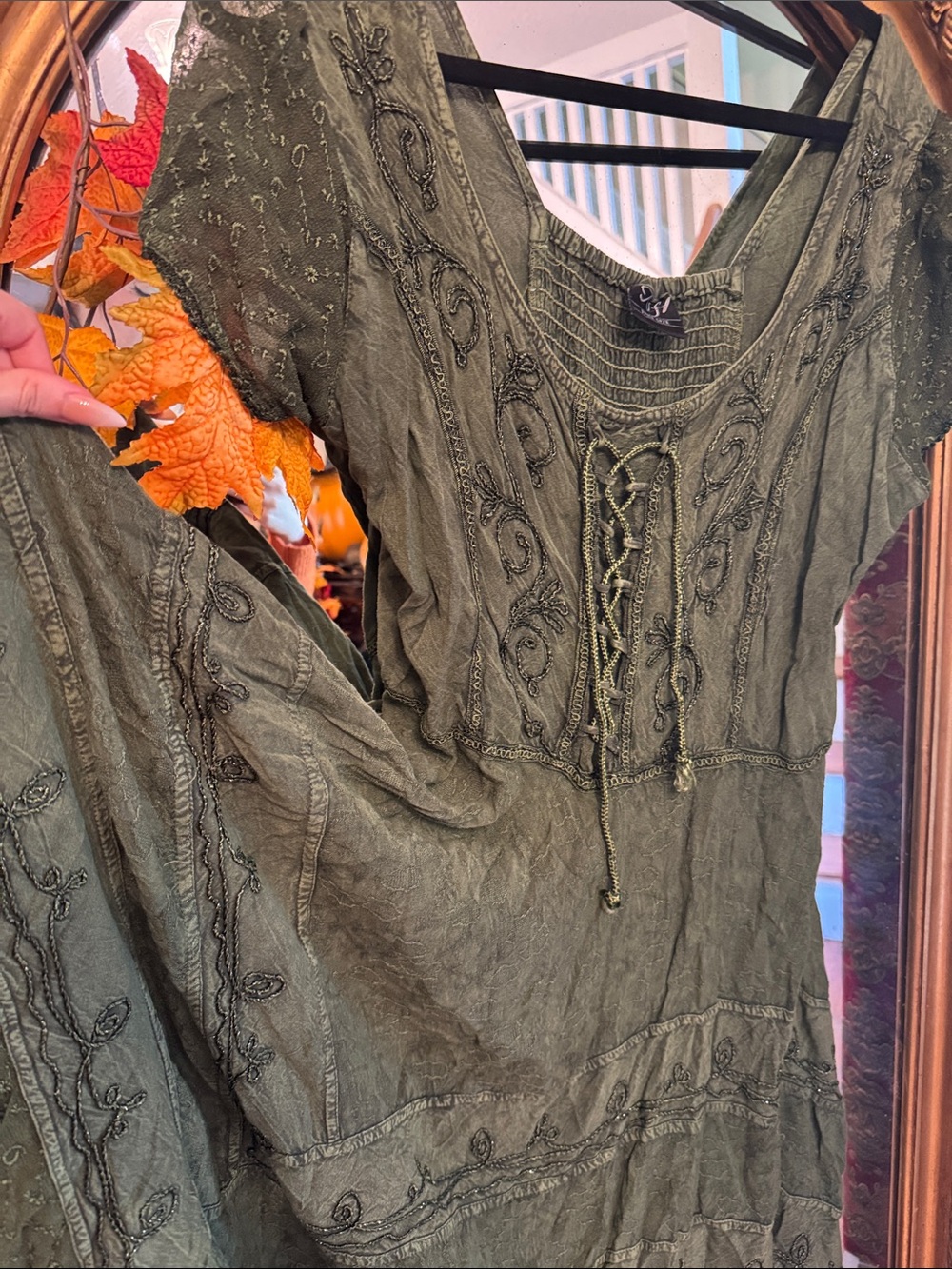 Green Embroidered Lace-Up dress